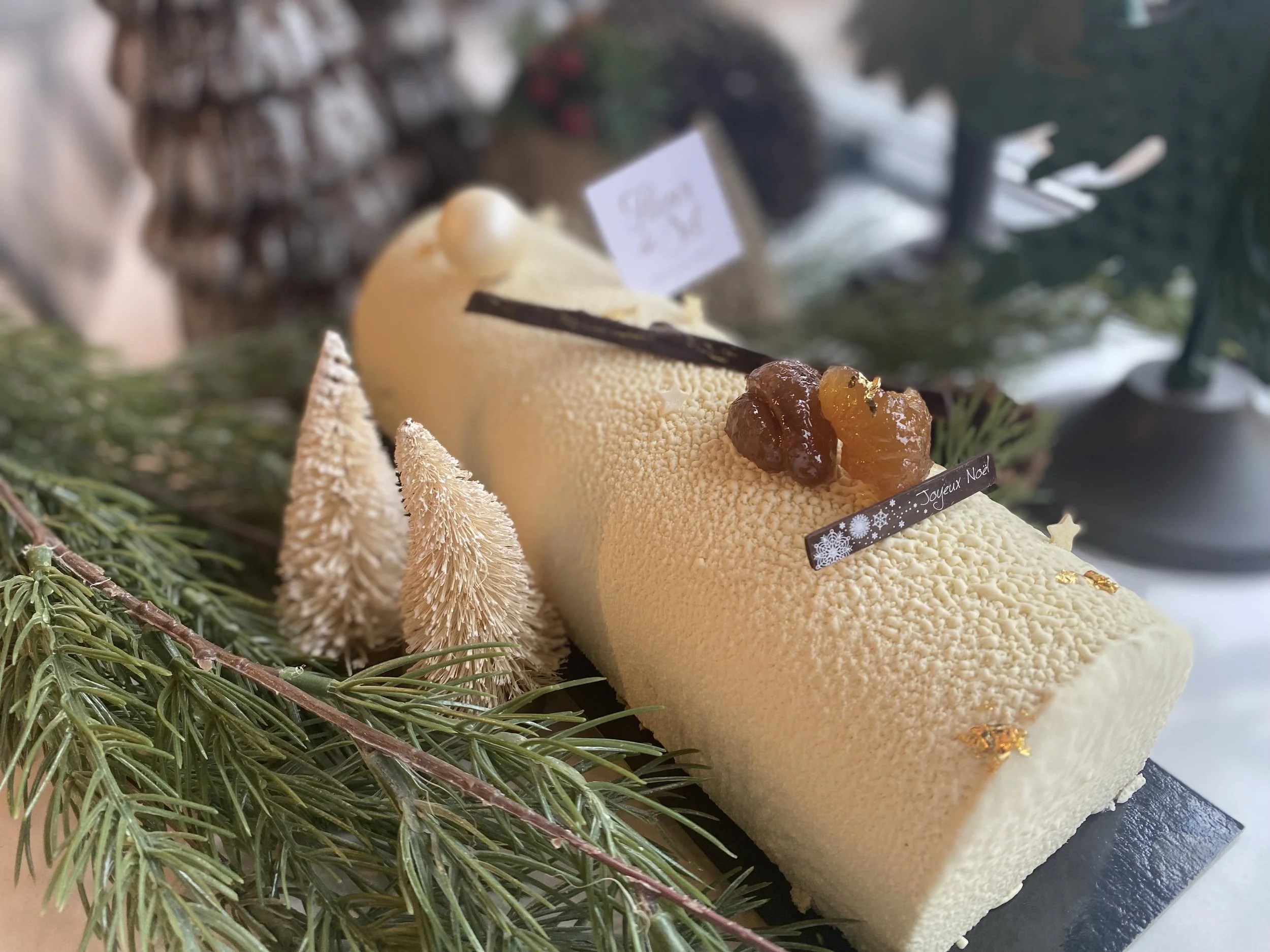 Full size Chestnut Yule Log: Layers of moist vanilla biscuit, fresh vanilla bean flavored Chantilly, chestnut cream, chestnut nuggets and a hint of rum.
 Full size serves 10. $85.00 
Available for pick up starting Tuesday December 16th.