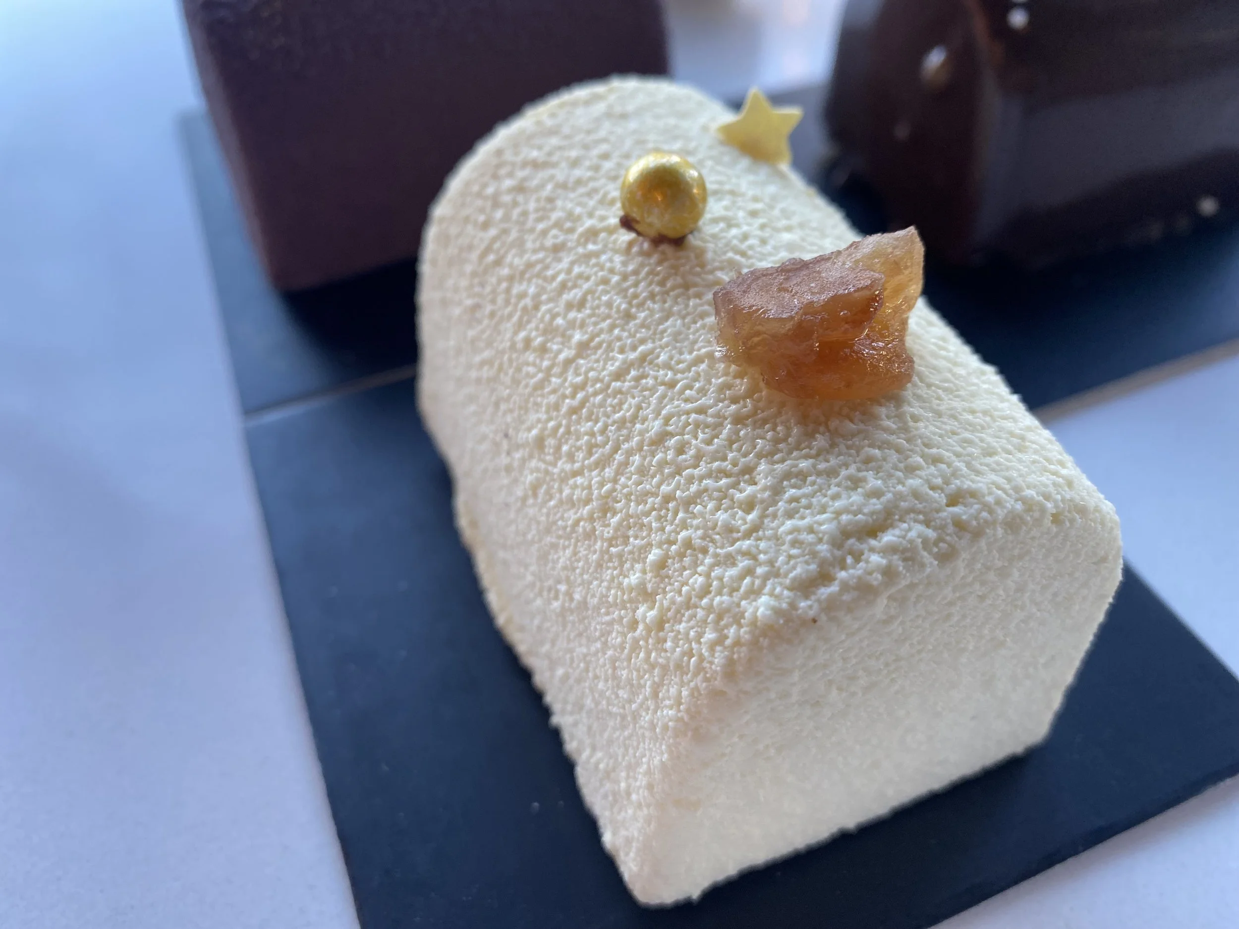 Mini Chestnut Yule Log: Layers of moist vanilla biscuit, fresh vanilla bean flavored Chantilly, chestnut cream, chestnut nuggets and a hint of rum.
 Mini size serves 1-2. $15.00 
Available for pick up starting Tuesday December 16th.