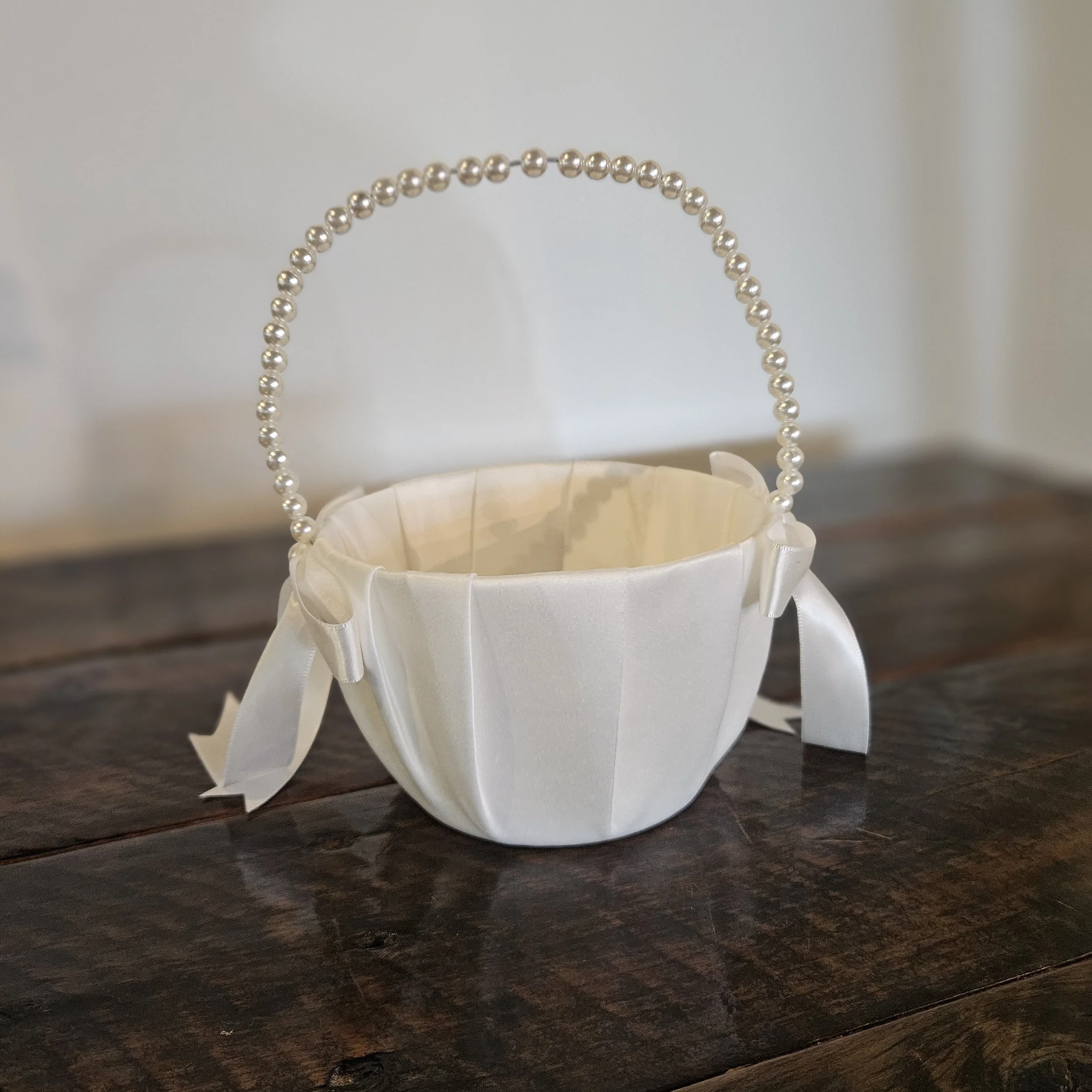 White Flower Girl Basket Pearl Handle White Bows