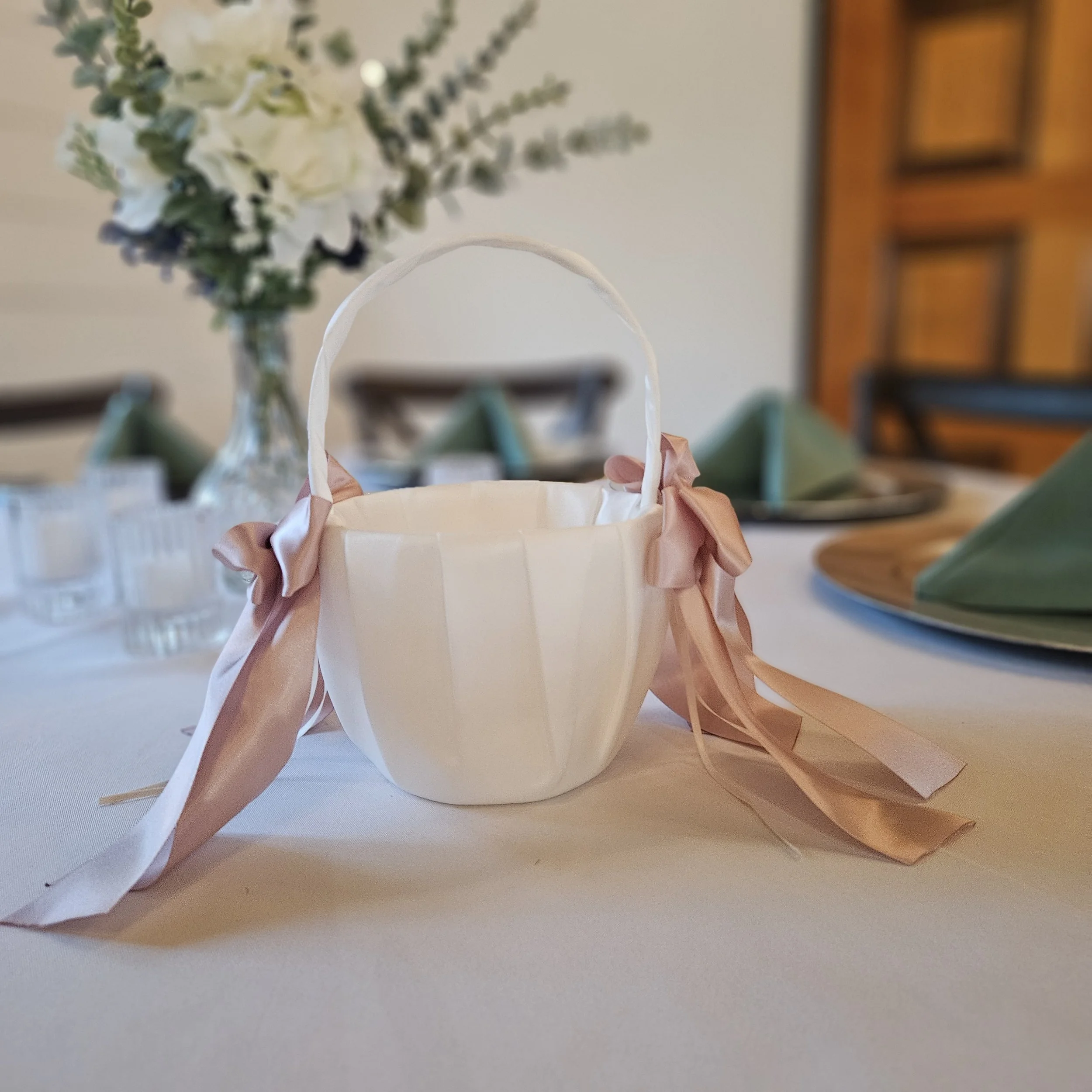 White Flower Girl Basket-Pink Ribbon