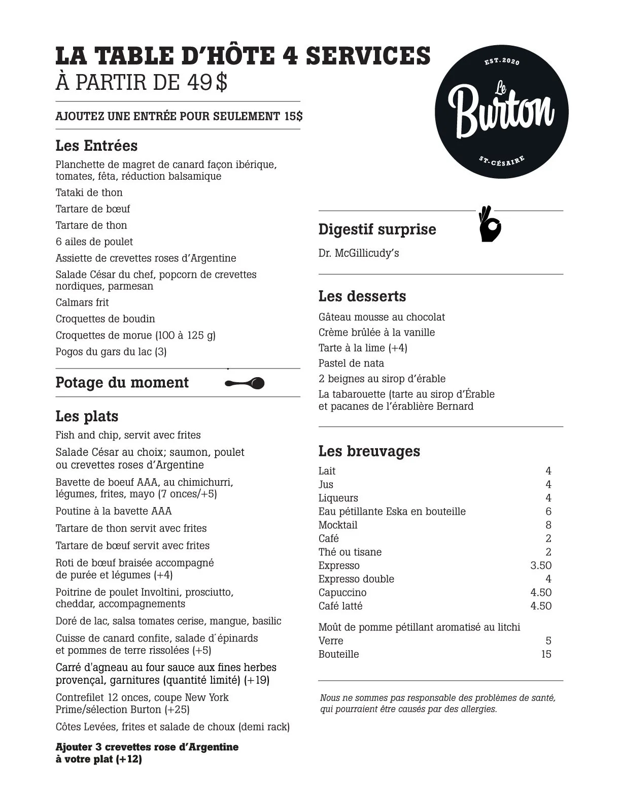 Table d'hôte 4 services - Le Burton