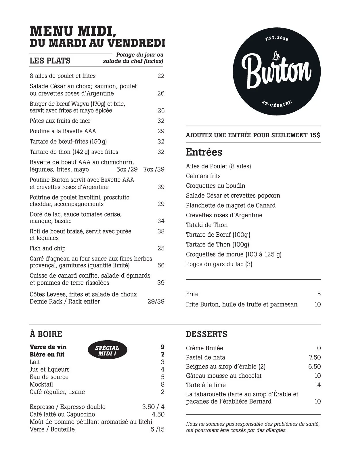 Menu midi Le Burton