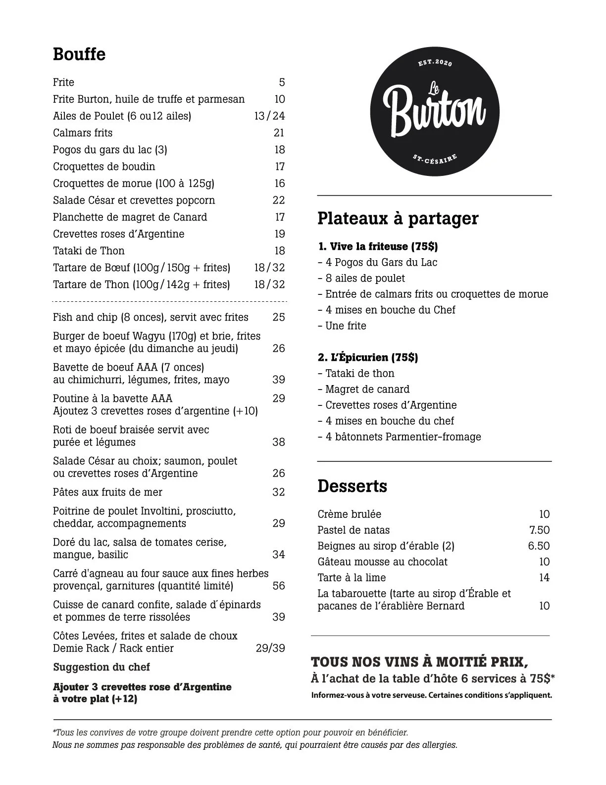 Menu bouffe - Le Burton