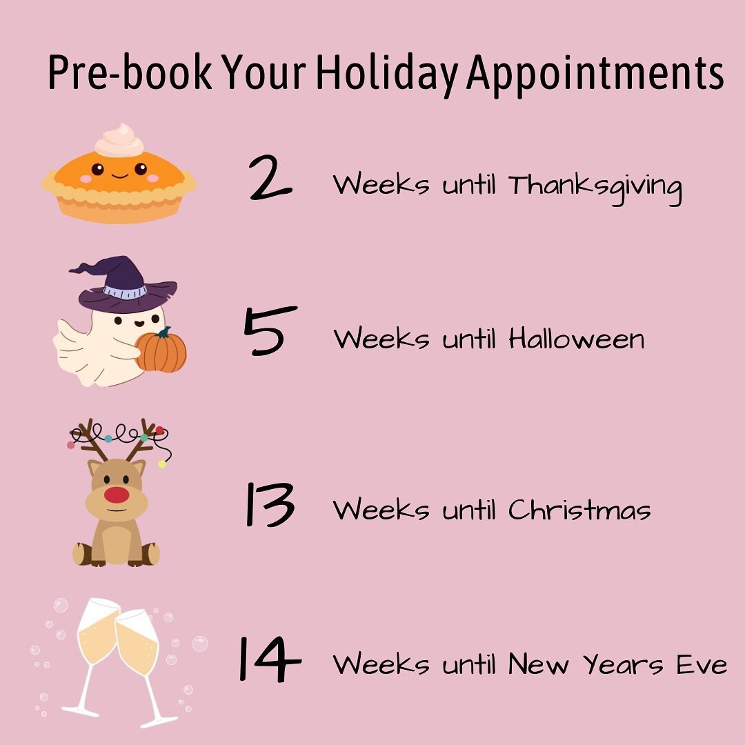 ✨Prebook Your Appointments✨

Don&rsquo;t hesitate to prebook your appointments. Whether it&rsquo;s your regular sugaring appointment, getting a Lash Lift N&rsquo; Tint, or a spray tan, make sure you feel your best for all your upcoming holiday events