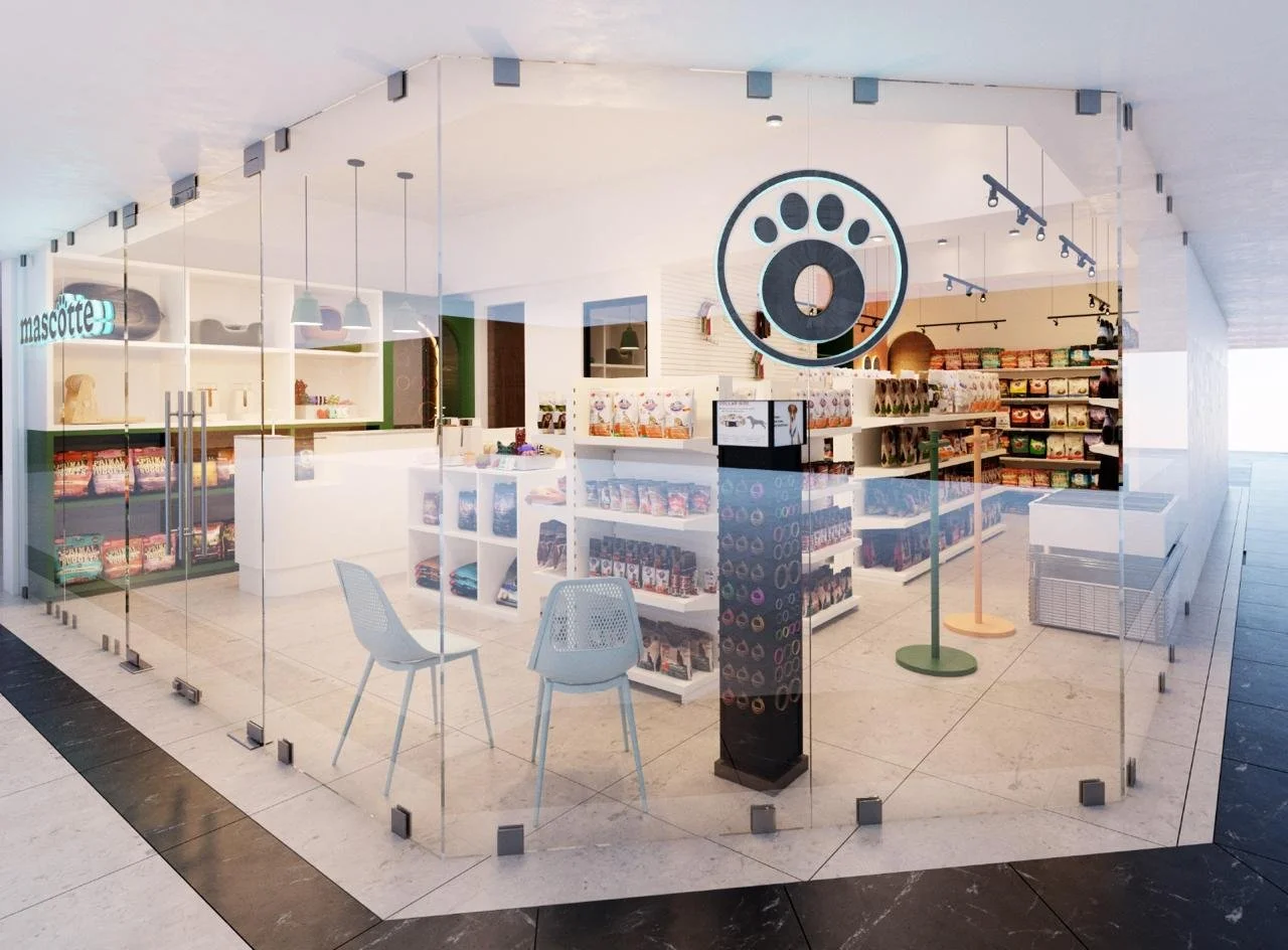 Diseño Remodelación de Interiores, Planos y Render Tienda Mascotte, Oakland Mall
