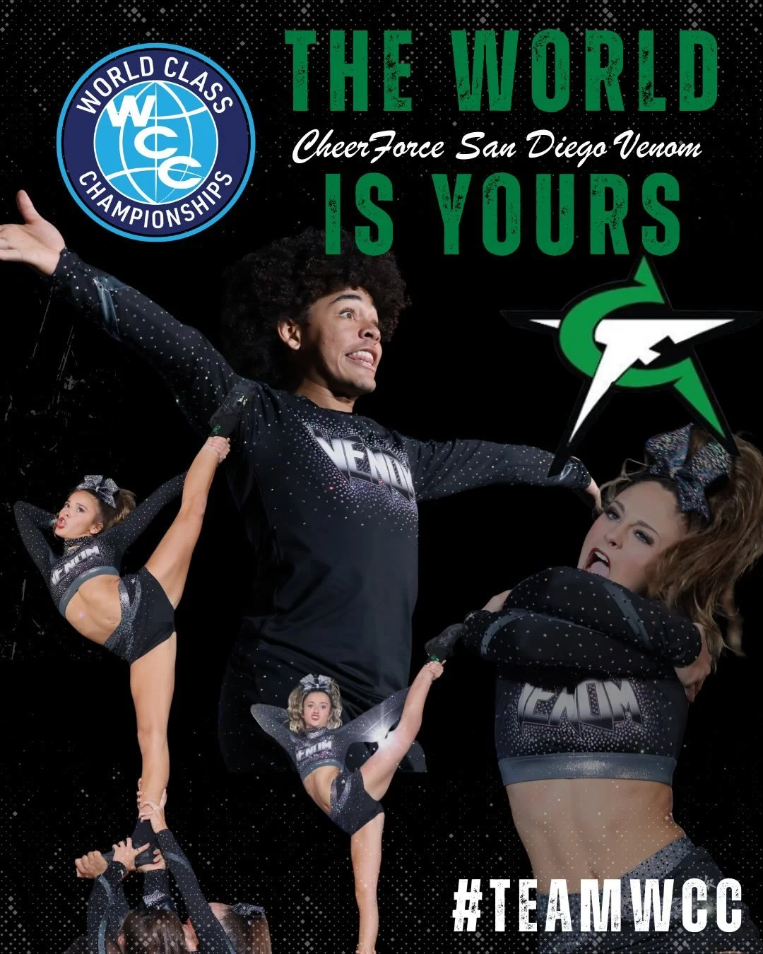 World Class Championships is wishing @cheerforce.sd @cheerforcevenom the best of luck as they take the mat tomorrow at @thecheerleadingworlds__ This is your moment. The WORLD 🌎 is yours! #TeamWCC #westcoastreppin