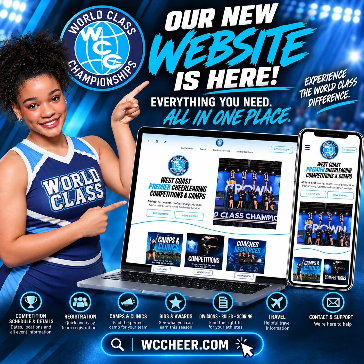 🌎 OUR NEW WEBSITE IS HERE! 💙
We&rsquo;ve redesigned WCCHEER.COM to make planning your World Class season easier than ever! Everything you need is now organized in one convenient place.
📅 Competition schedules &amp; event details
📝 Registration in
