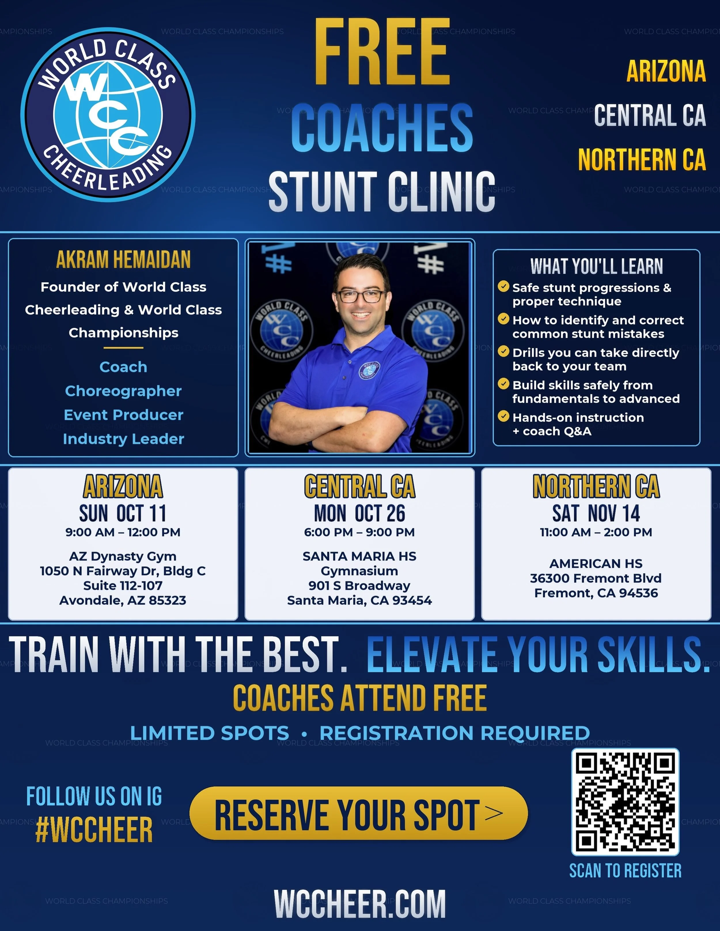 FREE STUNT CLINIC for all School and Youth coaches with our own WCC CEO Akram!! Don&rsquo;t miss this amazing opportunity! Registration is limited so register today. #wccheer #cheercoaches