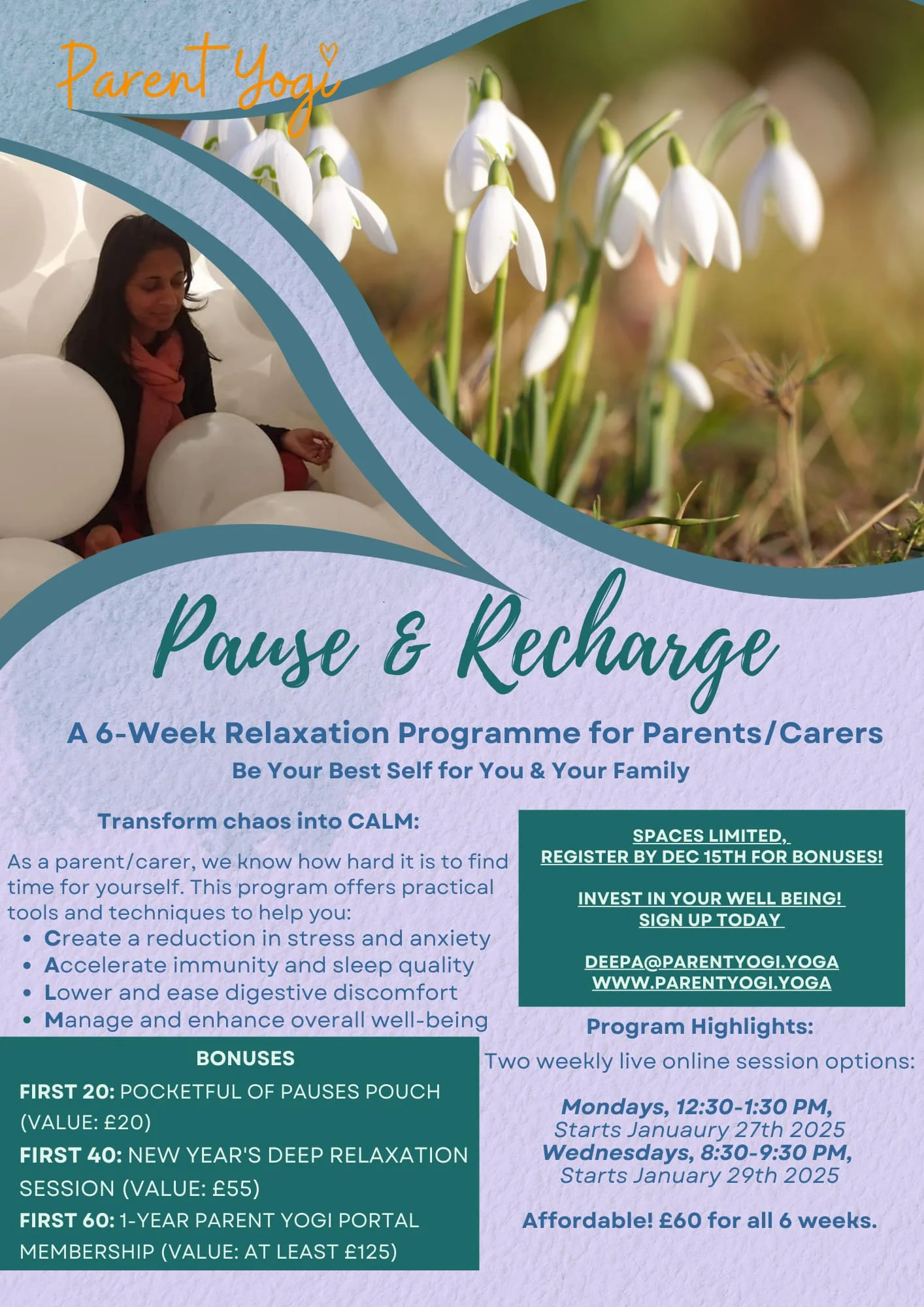 Looking forward to running this offering, new session to start the new year in a new and empowering way.

Click the link to find out further details and register.

https://www.parentyogi.yoga/shop/p/pause-and-recharge-a-6-week-relaxation-program-for-