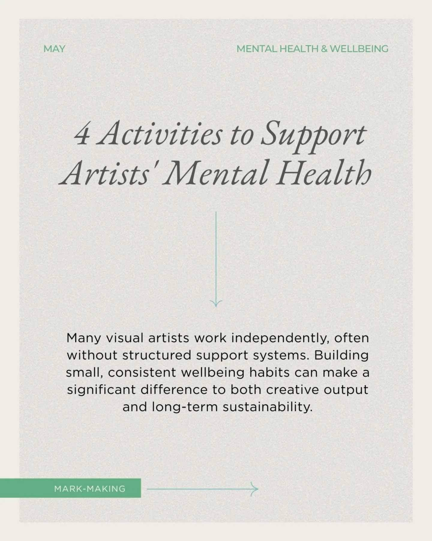 Four activities to support your mental wellbeing 🙏

1. Mindful Mark Making
2. Creative Reset Walk + Sketch
3. Studio Boundaries Ritual 
4. 10 Minute Visual Meditation 

Help to stave off burnout by introducing these activities into your creative lif