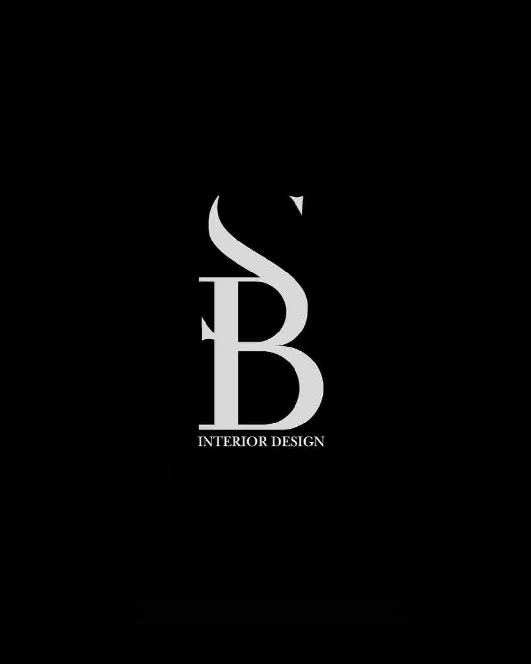Black background with a silver and white logo for Interior Design, featuring stylized letters 'S' and 'B' intertwined.