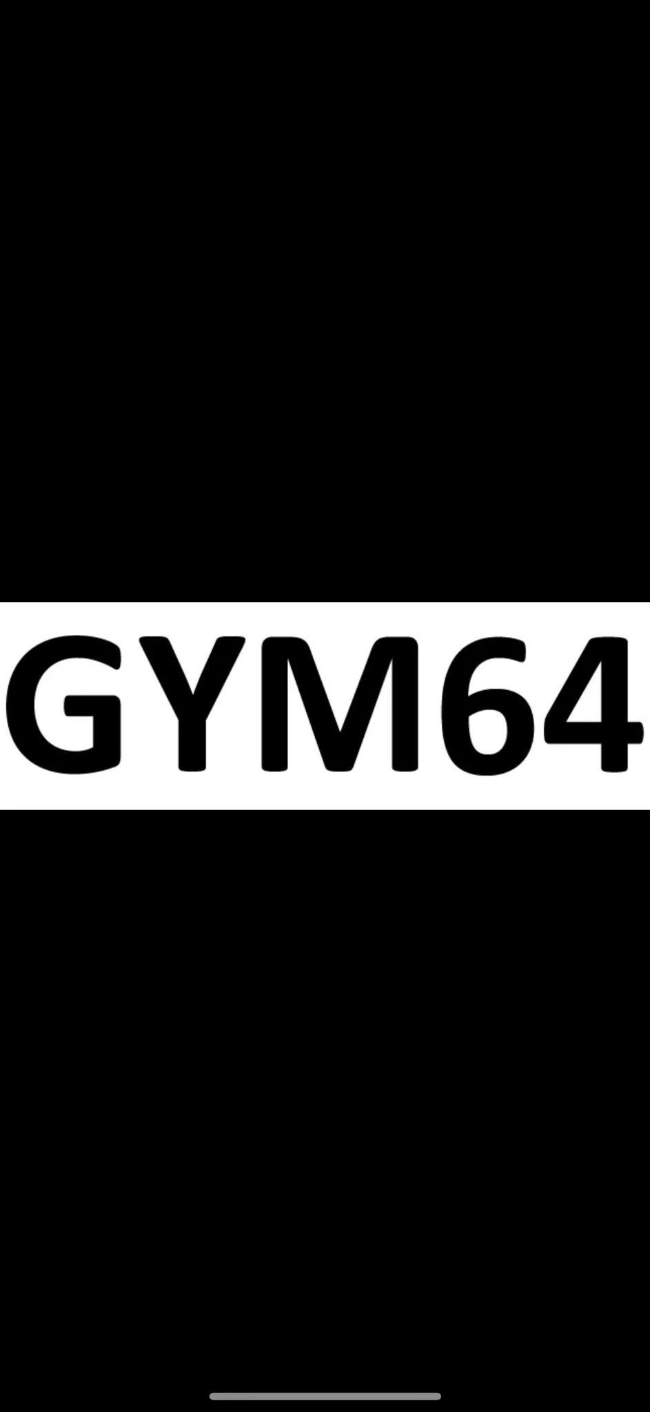 Black background with a white rectangle in the center containing the text 'GYM64' in bold black letters.