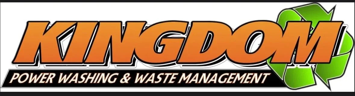 Logo for Kingdom Power Washing & Waste Management, featuring the word 'KINGDOM' in bold orange letters with black outlines, and a green recycling symbol to the right.