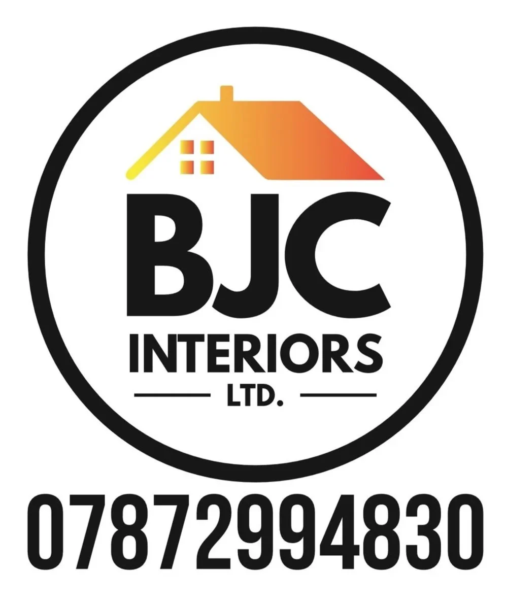 A logo for BJC Interiors Ltd. featuring a stylized house roof with a gradient orange and yellow color, the company initials BJC in bold black letters, and a contact phone number 07872994830 at the bottom.