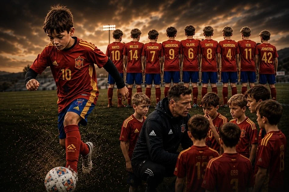 A young soccer player wearing a red jersey with the number 10 dribbles a soccer ball on the field during sunset, with a team of young players and coach listening attentively nearby, and a lineup of players standing with backs facing forward in the background.