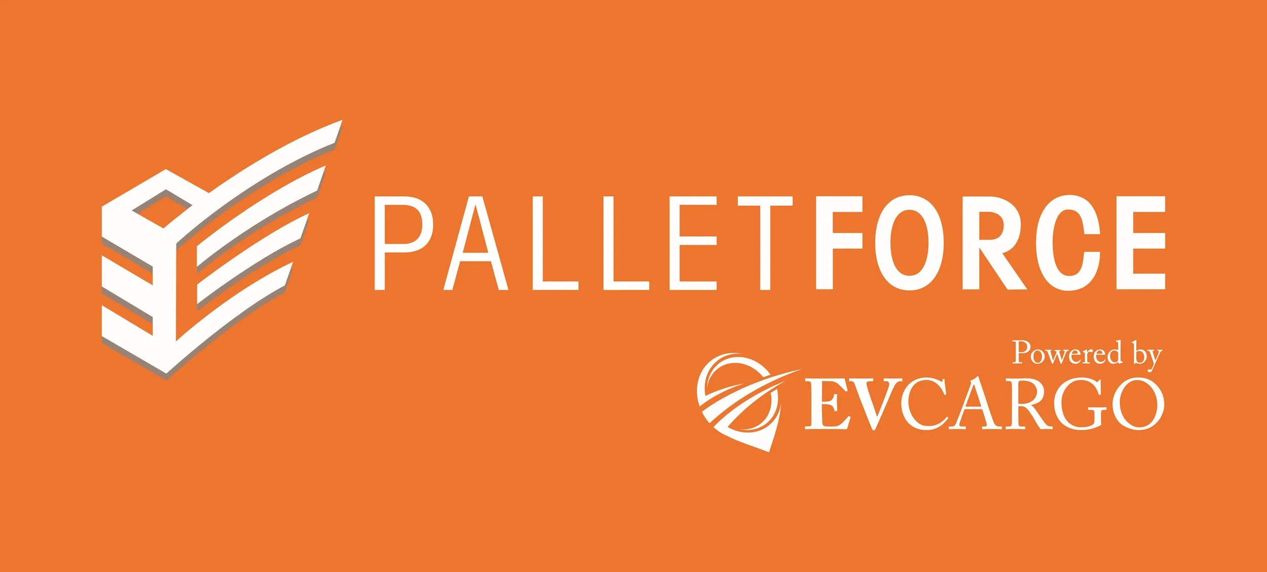 PalletForce logo with a stylized pallet graphic and text, indicating it's powered by EVCargo, on an orange background.