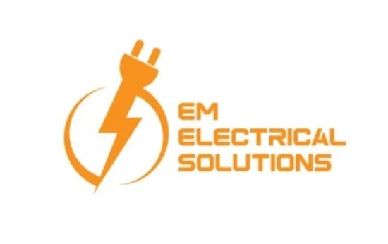Logo for EM Electrical Solutions featuring a stylized orange electrical plug and lightning bolt.