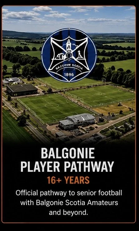 Aerial view of a sports complex with multiple soccer fields and a large logo of Balgonie Scotia Amateurs, with a sign indicating the Balgonie Player Pathway for ages 16 and up, promoting senior football development.