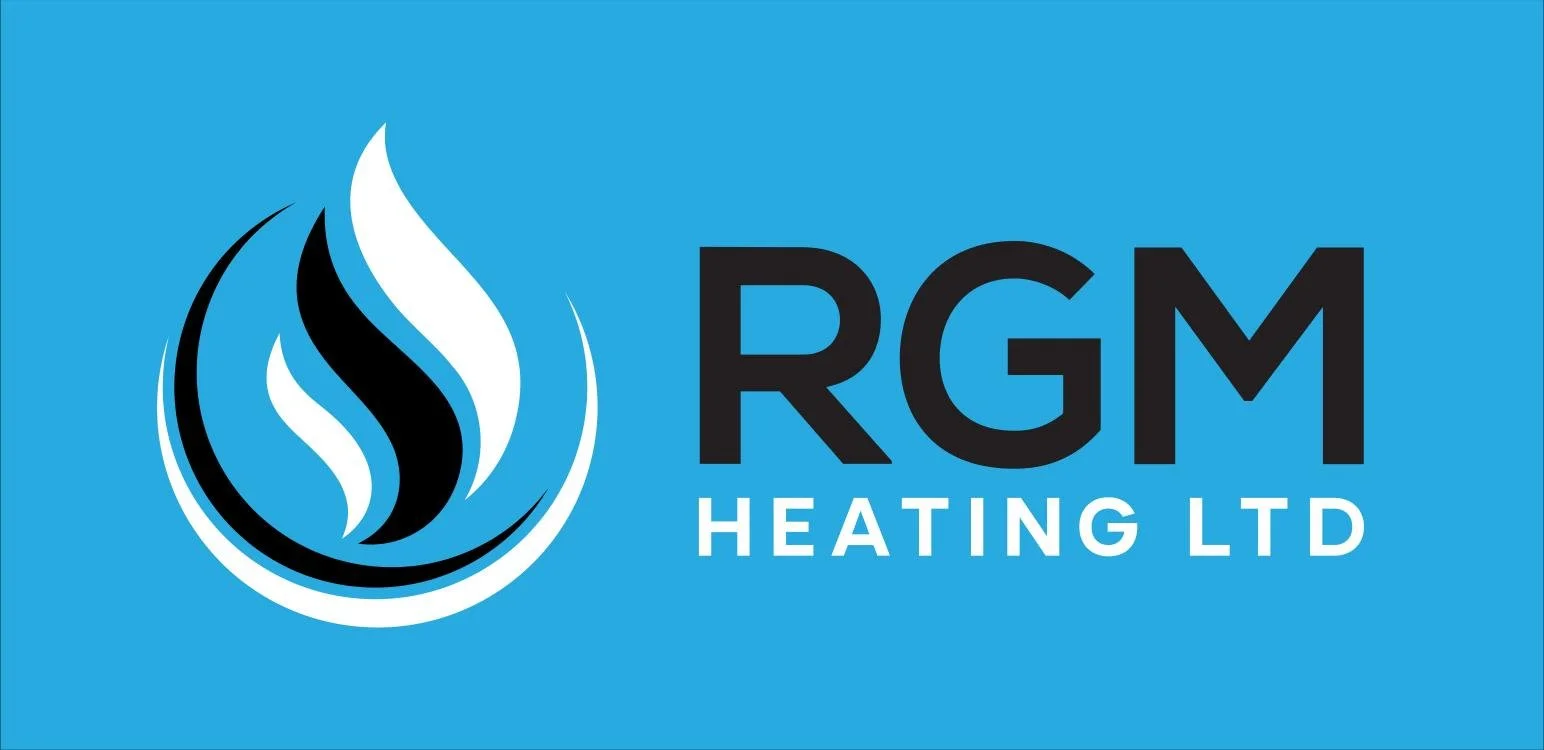 Logo of RGM Heating Ltd with a blue background, featuring an abstract flame in black, white, and blue, next to the company name.