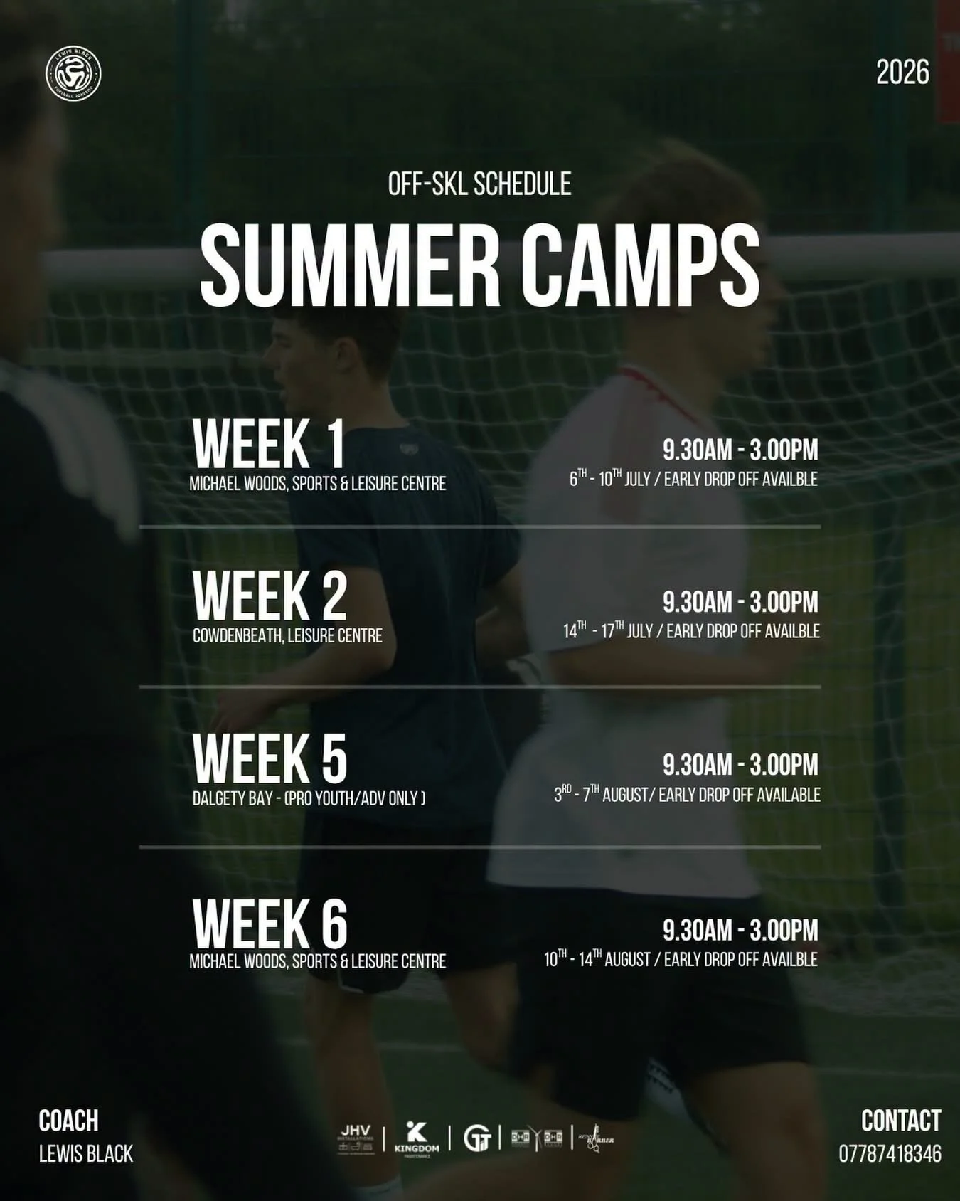 Schedule for summer camps with weekly dates, locations, and times, including coach and contact information, over several weeks in July and August.