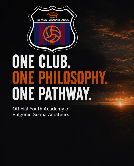 Logo of Tiki-taka Football School featuring a football and a shield, with the slogan 'One Club. One Philosophy. One Pathway.' and text indicating it is affiliated with the Official Youth Academy of Balgonie Scotia Amateurs, against a background of a sunset with clouds.