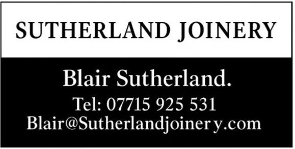 Business card for Sutherland Joinery with contact information.