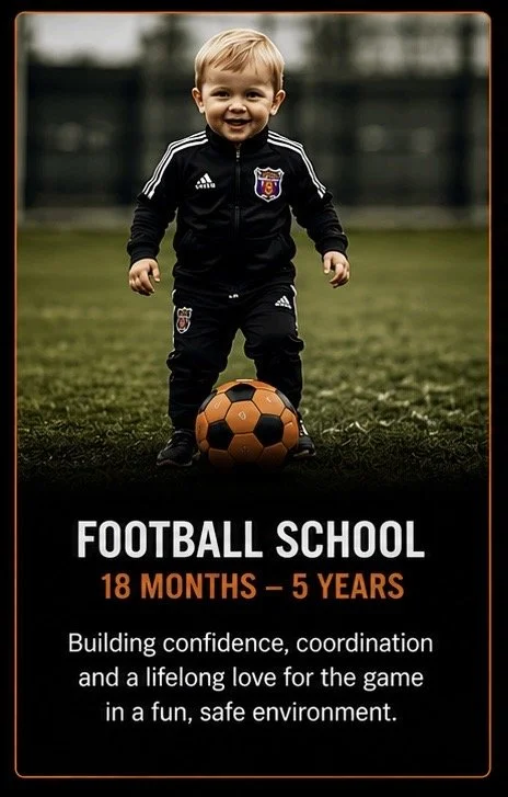 A young boy wearing a black soccer jacket and pants standing on a soccer field, smiling with a soccer ball at his feet. Text on the image promotes a football school for children aged 18 months to 5 years, emphasizing confidence, coordination, and a love for the game in a safe environment.