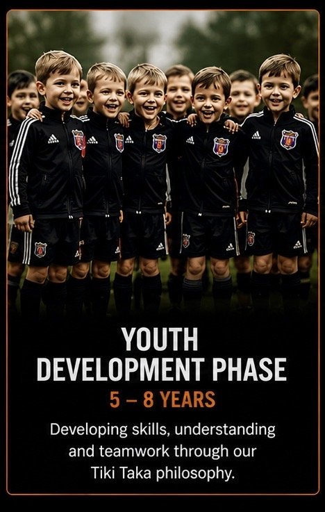 Group of young boys in soccer uniforms standing on a field, smiling, with text promoting youth development for ages 5-8, focusing on skills, understanding, and teamwork through Tiki Taka philosophy.
