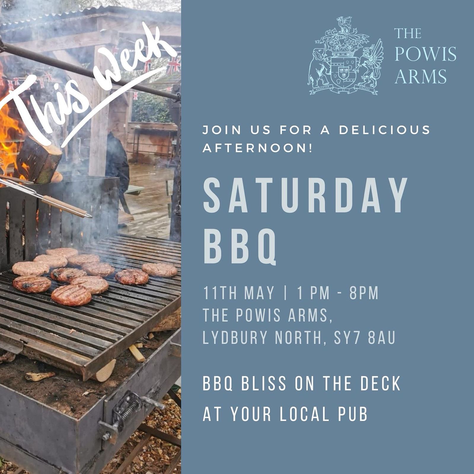 Join us tomorrow 🍻 BBQ bliss in the sun on the deck at the @powisarms ✨