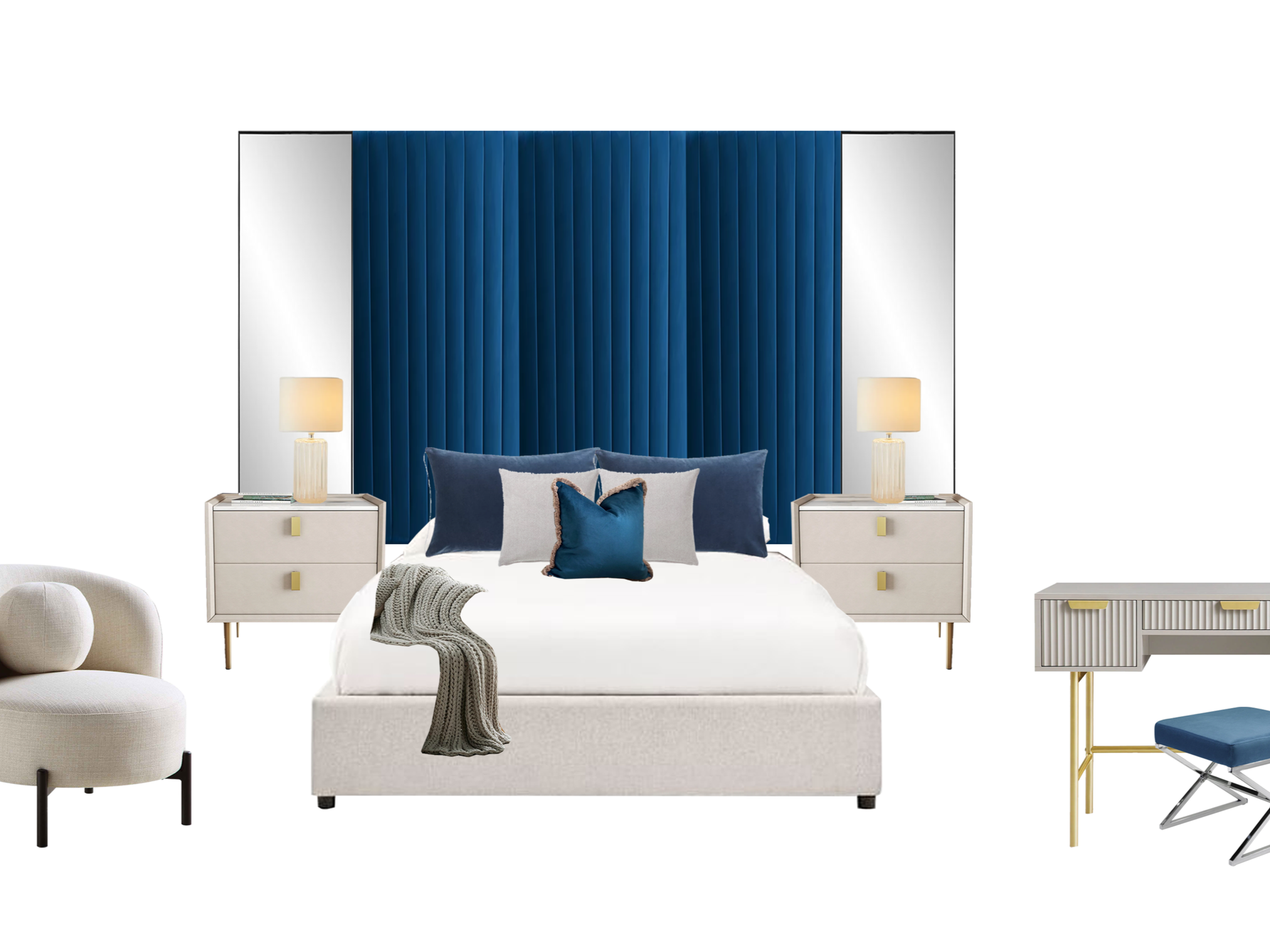 A modern, minimalistic interior room with white paneled walls, light wood flooring, and various decorative lighting fixtures including a large gold ceiling light, two wall sconces, and a floor lamp. There's a white radiator cover with decor items, a gold-framed mirror, a small side table with a potted plant, and framed black-and-white Paris-themed artwork.