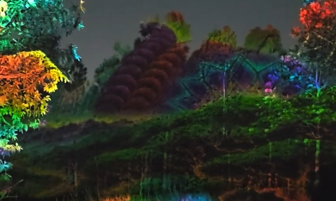 Colorful illuminated scene in a jungle-like environment with animated insects and plants.