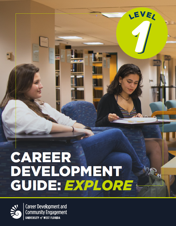 Career Development Guide Level 1: Explore; guidebook cover featuring two students studying in a library.