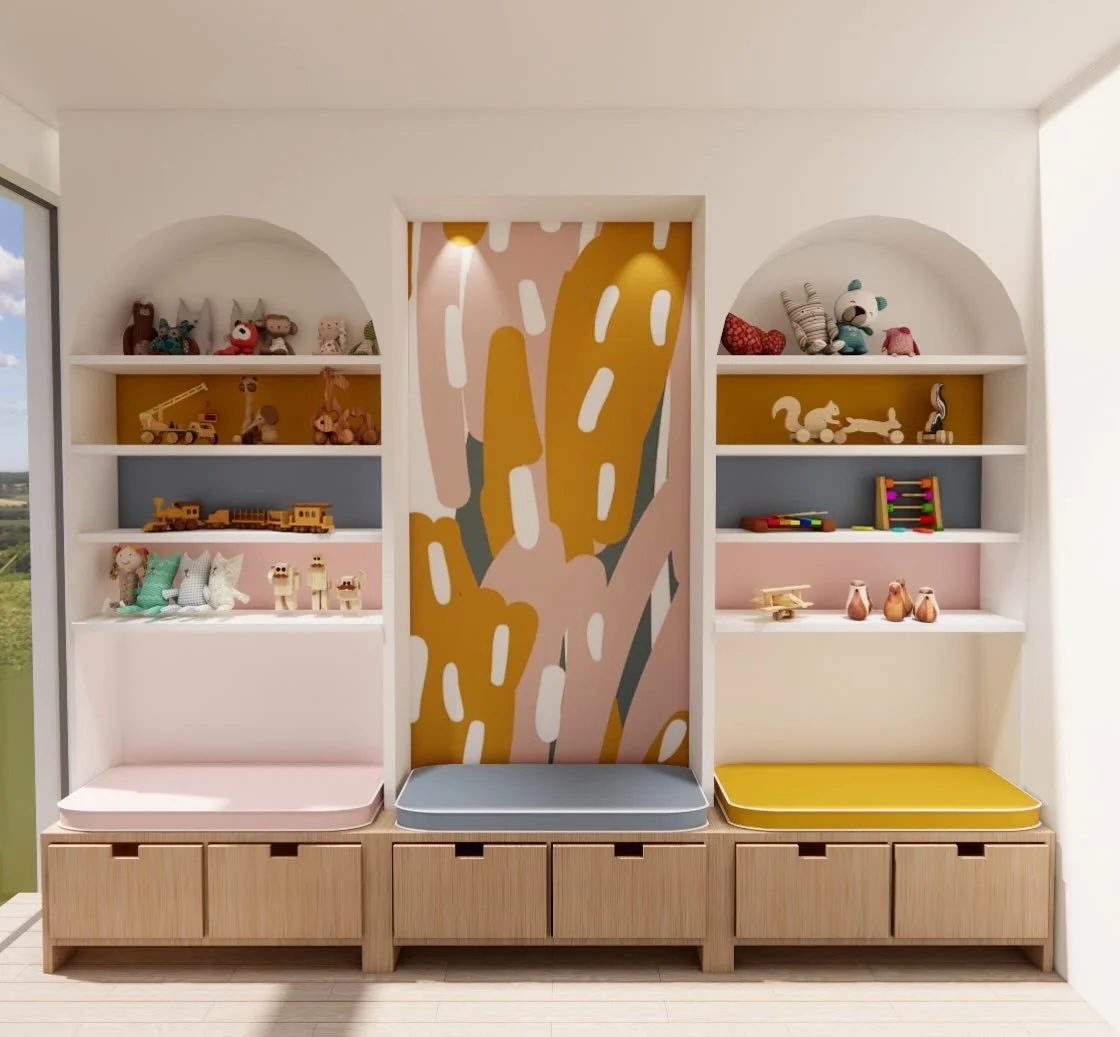 Some initial visuals done for such lovely clients. A focal wall unit for a playroom.