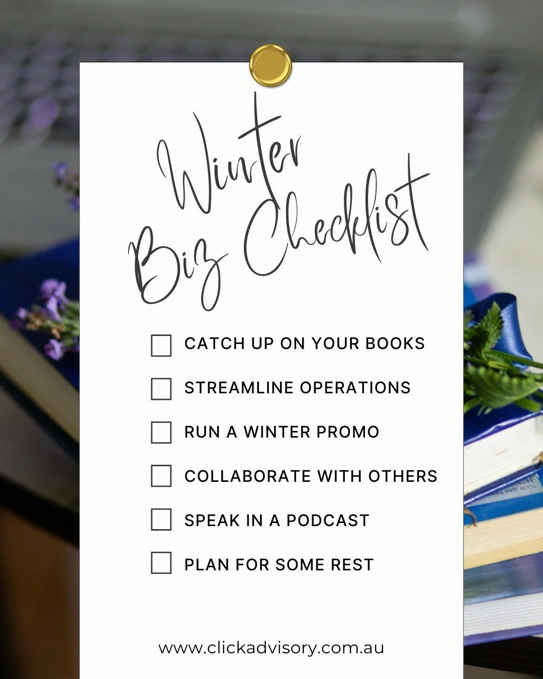 Whether you're prepping for a busy season or longing to slow down a bit after the EOFY crazy, a little planning now can set you up for success later.
What’s on your winter planning checklist? Share with us!
.
.
.
#Winter #Planning #BusinessBoo