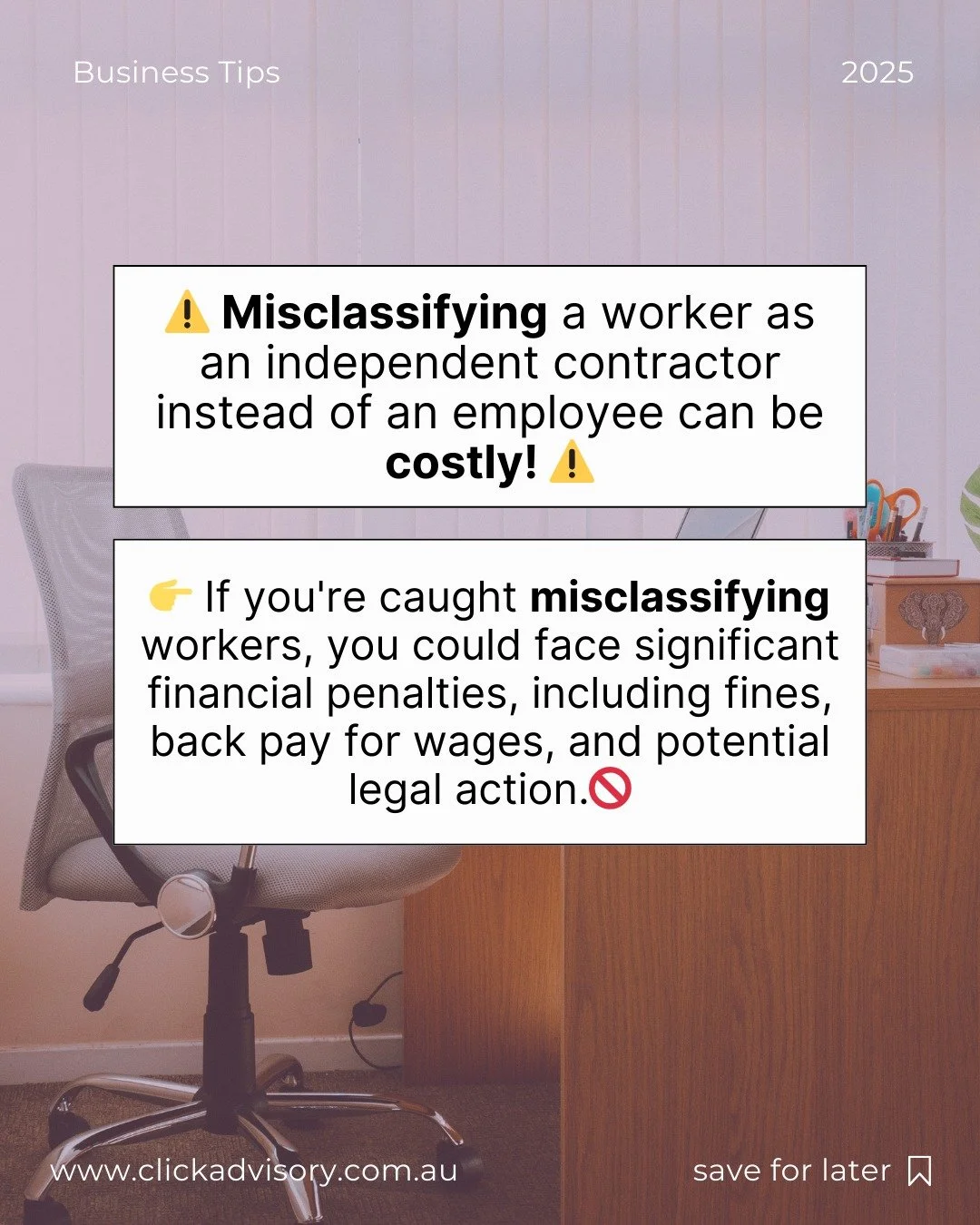 The ATO takes worker classification seriously.
Here’s a quick guide to the differences:
Employees work under your direction, have set hours, and may receive benefits. They’re a permanent part of your team.
Independent Contractors have