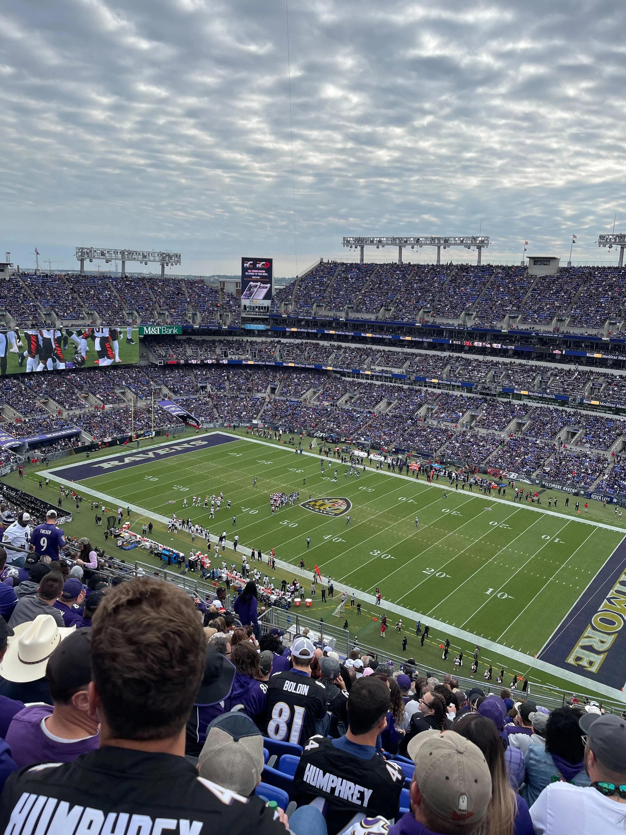 Packed Ravens stadium from a high up seat looking down on the field