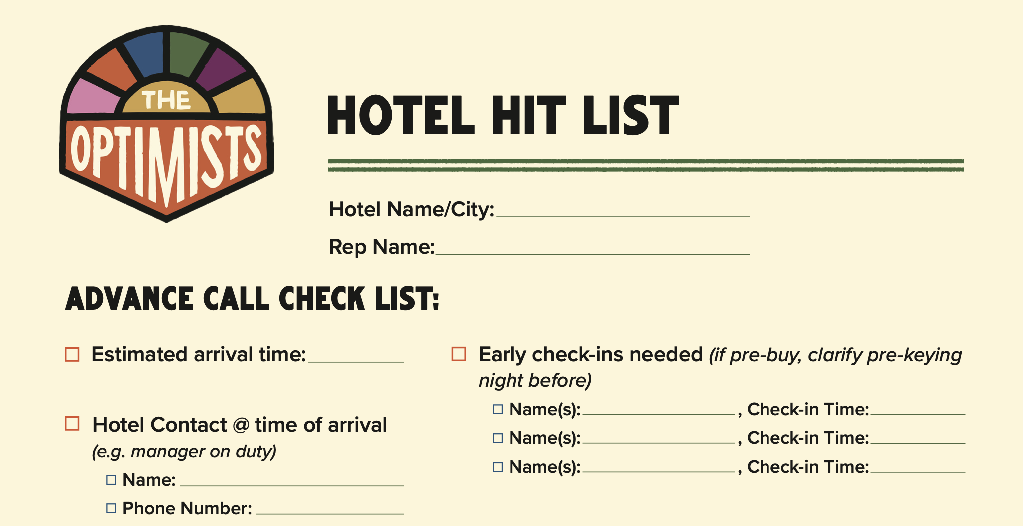 Hotel Hit List…your Hotel advance call one-sheeter