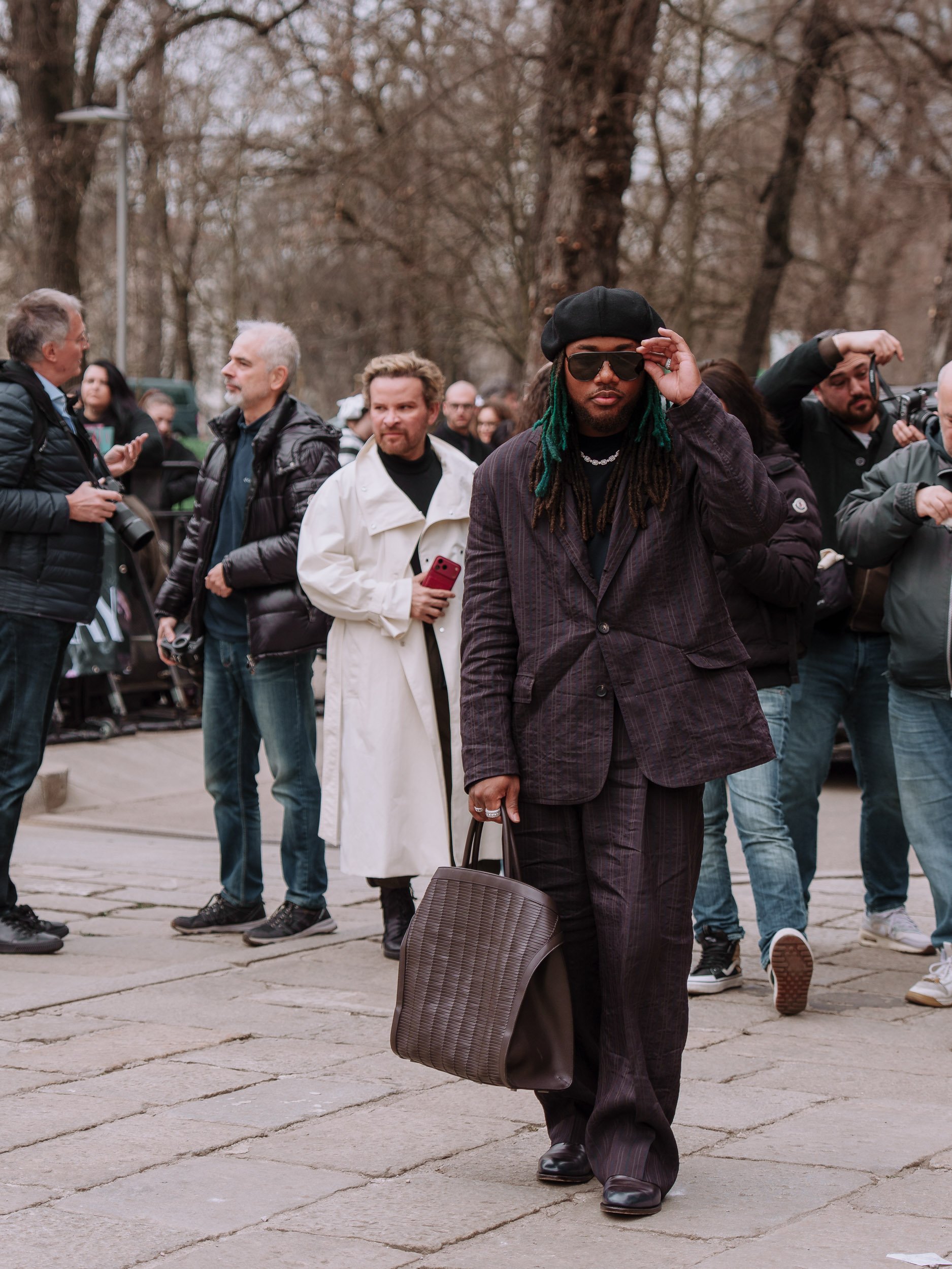Leon Thomas arriving at Ferragamo Fall Winter 2026 Milan Fashion Week photographed by Kyle C Photography