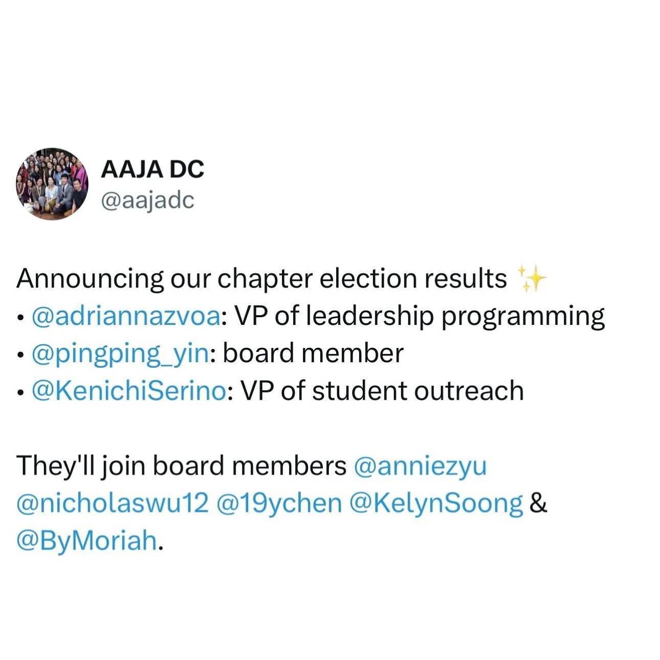 whoop whoop! meet our newest board members. can&rsquo;t wait to get started. 

our next virtual board meeting is on Monday 11/11 at 9pm &mdash; any member is welcome to tune in. we&rsquo;ll share the link in our AAJA Slack shortly before we begin. (D