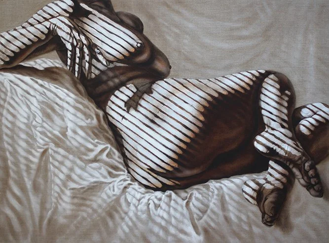Classic women poses, silver metal leaf paintings, Moonlight II by Pamela Frankel Fiedler.  www.frankelfiedler.com