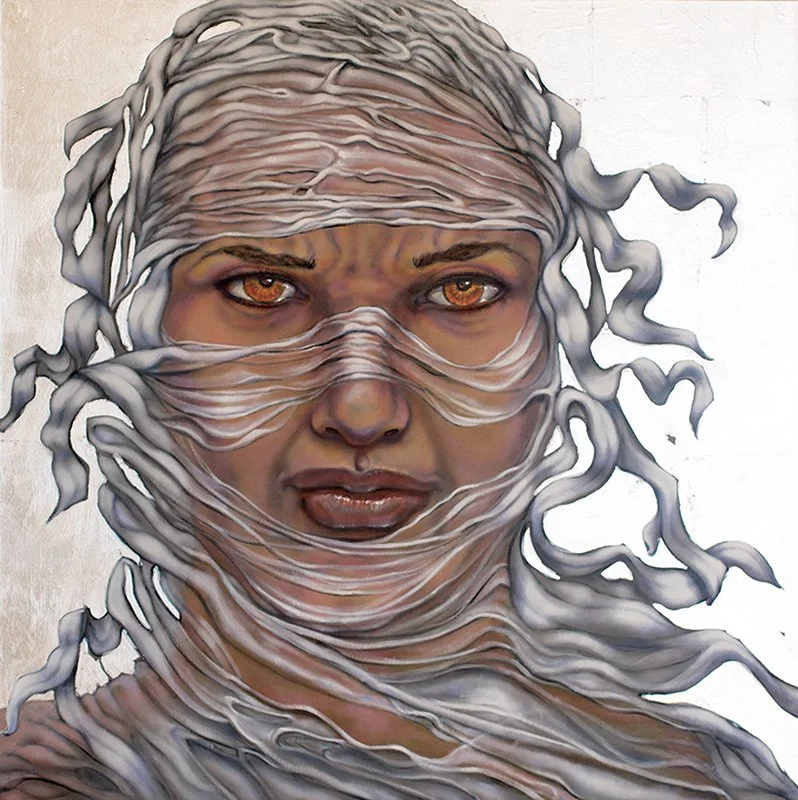 Untether, oil and silver metal leaf painting by Pamela Frankel Fiedler.  www.frankelfiedler.com