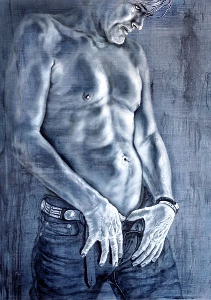 Contemporary shitless male oil paintings, David in Jeans, by Pamela Frankel Fiedler.  www.frankelfiedler.com