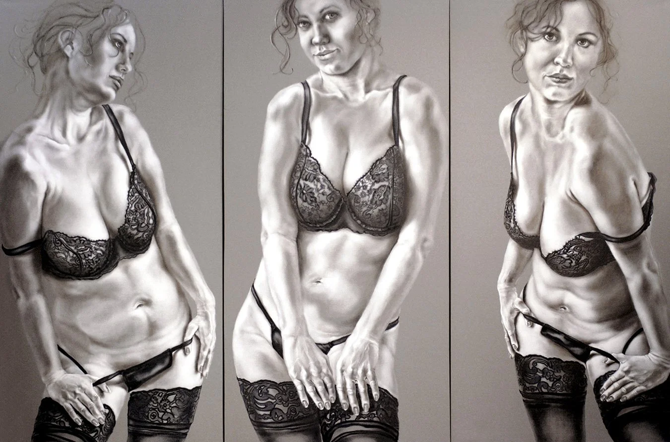 Sexy women oil paintings, triptych, Shift, by Pamela Frankel Fiedler.  www.frankelfiedler.com