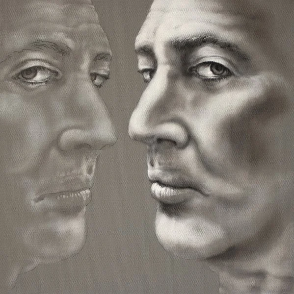 Male oil portraits looking in the mirror, Mother Always Liked you Better, by Pamela Frankel Fiedler.  www.frankelfiedler.com