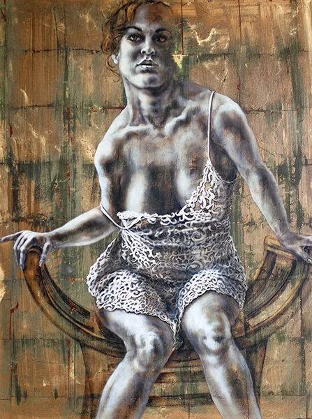 Explicit gold metal leaf female paintings, Never a Fine and Precise Balance, by Pamela Frankel Fiedler.  www.frankelfiedler.com