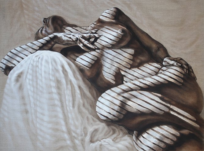 Explicit nude woman oil and silver metal leaf painting, Moonlight 1, by Pamela Frankel Fiedler.  www.frankelfiedler.com