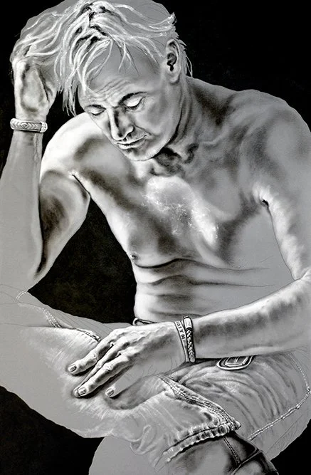 Masterful male figurative paintings, Awaiting the Inevitable,  by Pamela Frankel Fiedler.  www.frankelfiedler.com