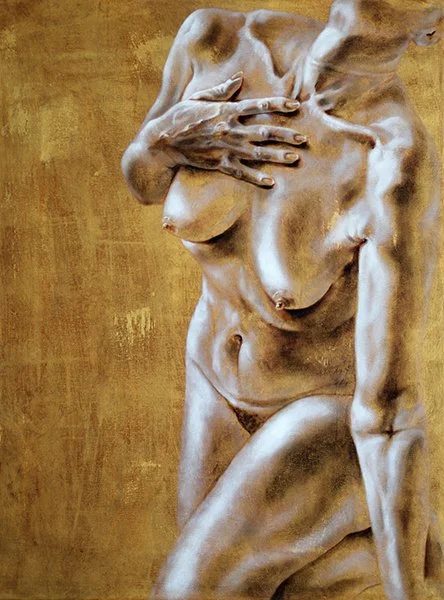 Woman posing nude oil & acrylic painting, Bent with the Weight of Permanence by Pamela Frankel Fiedler.  www.frankelfiedler.com