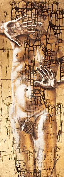 Vivid male oil and gold metal leaf paintings, What Would Never be Fully Recovered, by Pamela Frankel Fiedler.  www.frankelfiedler.com