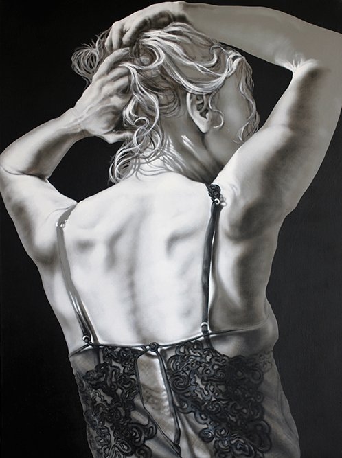Beautiful blonde posing in silk oil painting,  Made Weak with just a Glance, by pamela Frankel Fiedler.  www.frankelfiedler.com